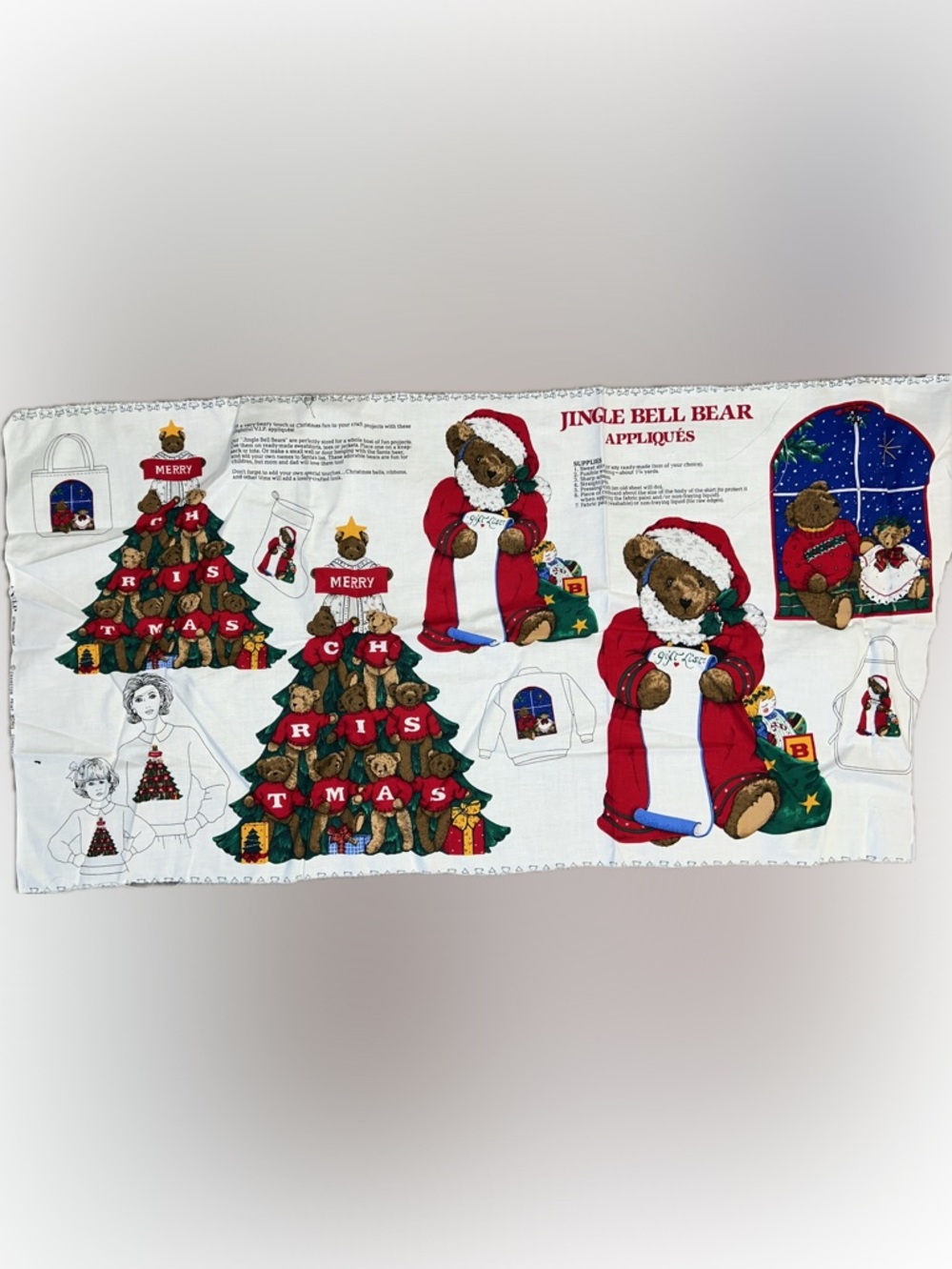 🔴Vintage Jingle Bell Bear Appliqués Fabric Panel Christmas Teddy Bear Appliqués